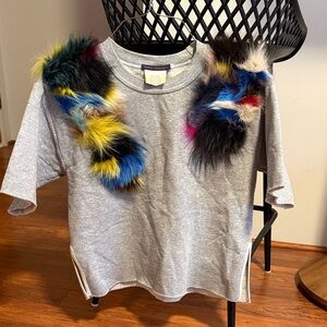 Harvey Faircloth Women's Gray Sweatshirt with Colorful Fur Accents